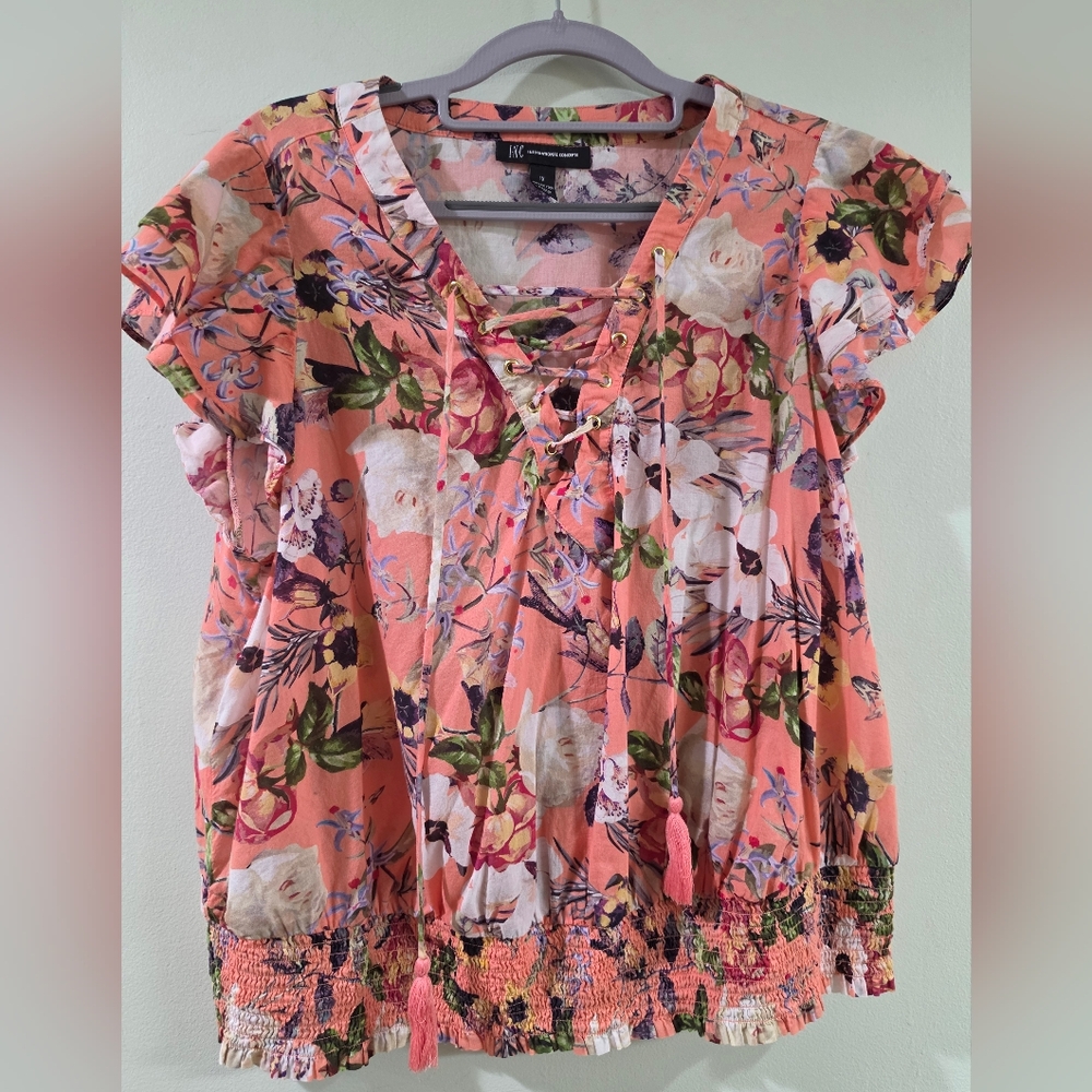 INC INTERNARIONAL FLORAL LACE UP FLUTTER SLEEVE BLOUSE TOP 1X - Picture 2 of 3